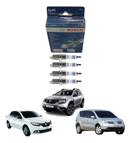 Jogo Com 4 Velas Bosch Sp49 Nissan Livina Logan Duster 1.6