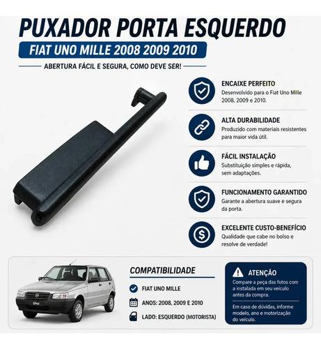 Puxador Porta Esquerdo Fiat Uno Mille 2008 2009 2010 Preto - Imagem 3